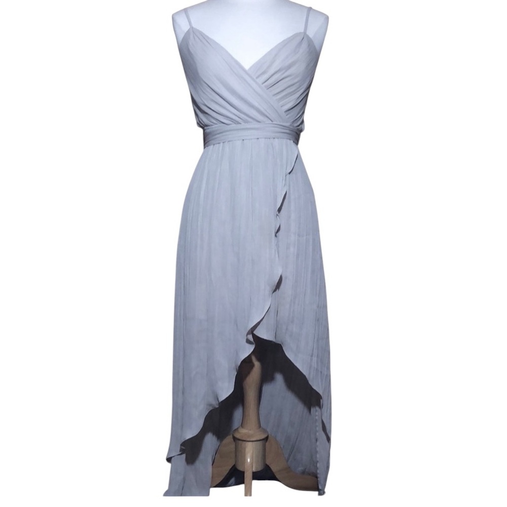 Express Champagne faux wrap dress w/ruffle hem & spaghetti straps Size Small